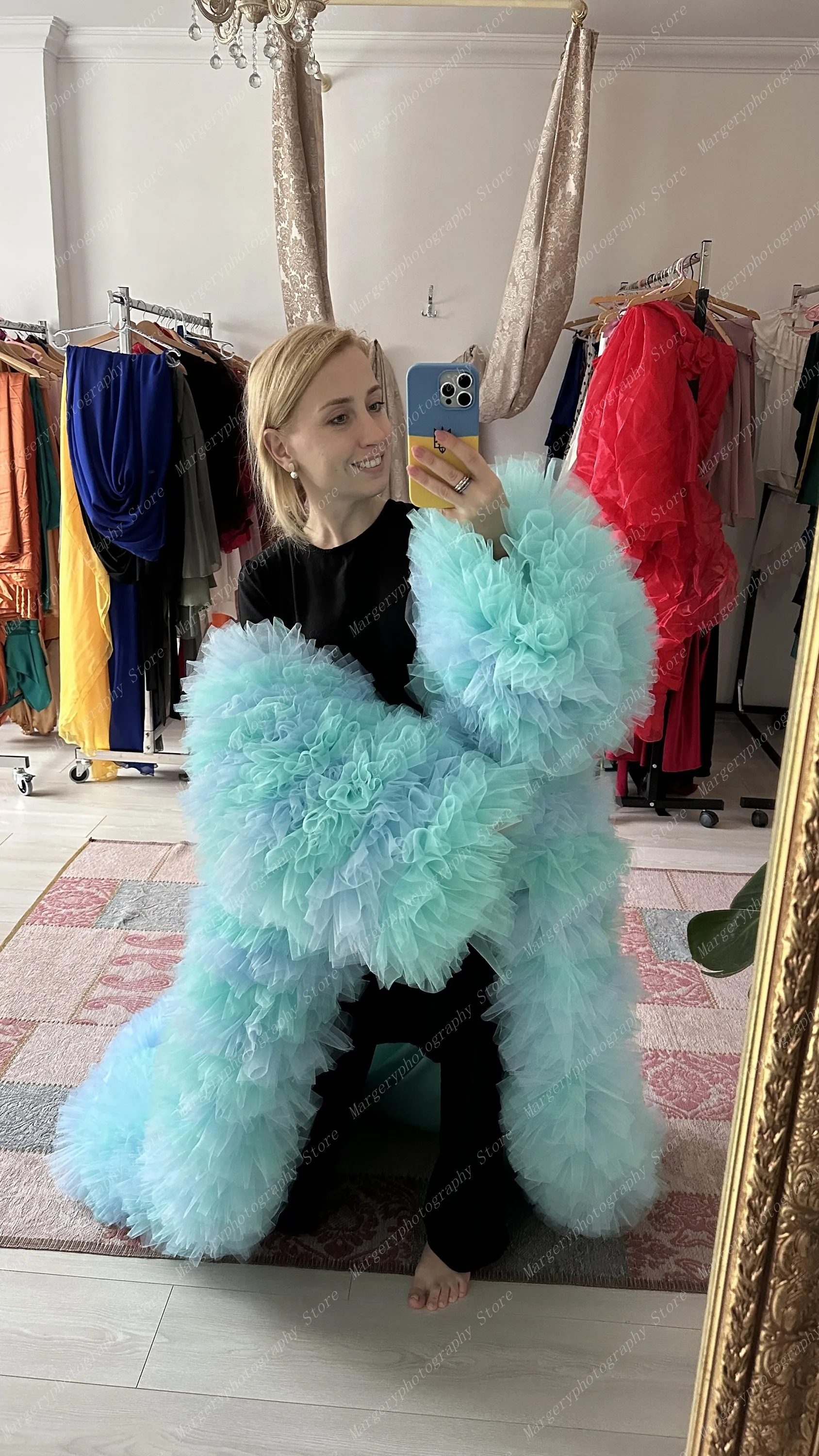 Colorful Tulle Robes Custom Made Photo Shoot Women Party Prom Extra Fluffy Tulle Coat Oversize Long Sleeves Evening Dress