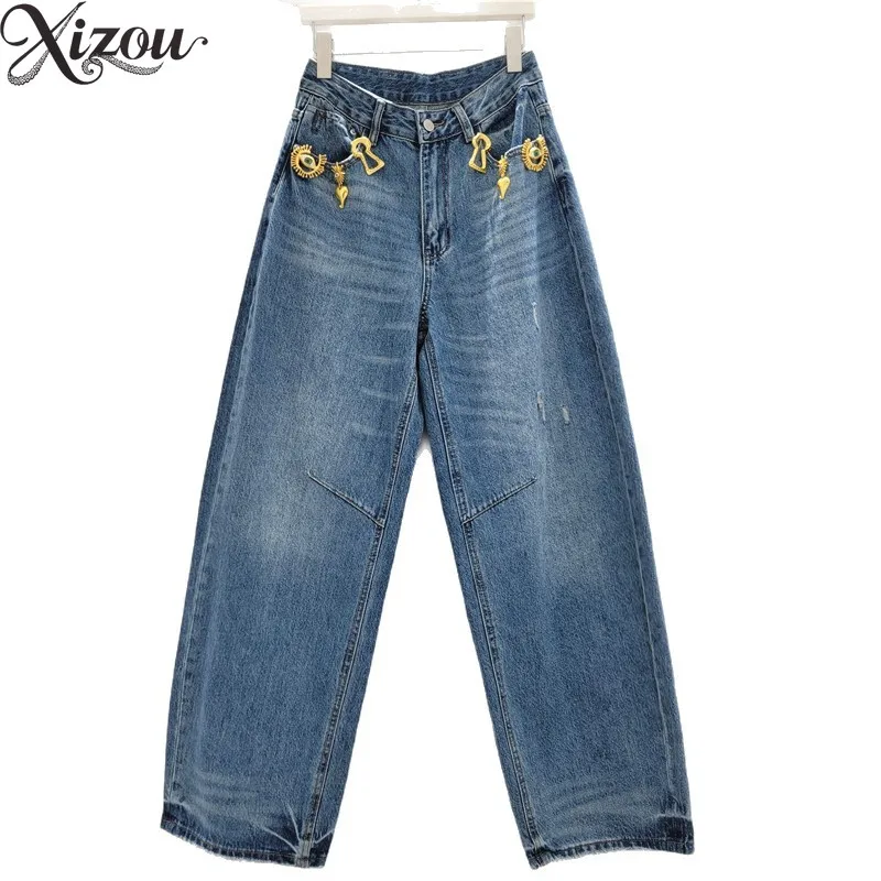 

American Metal Button Barrel Jeans Women Loose Fit Straight Wide Leg Denim Pant Washed 2026 Spring Autumn Distressed Hole Street