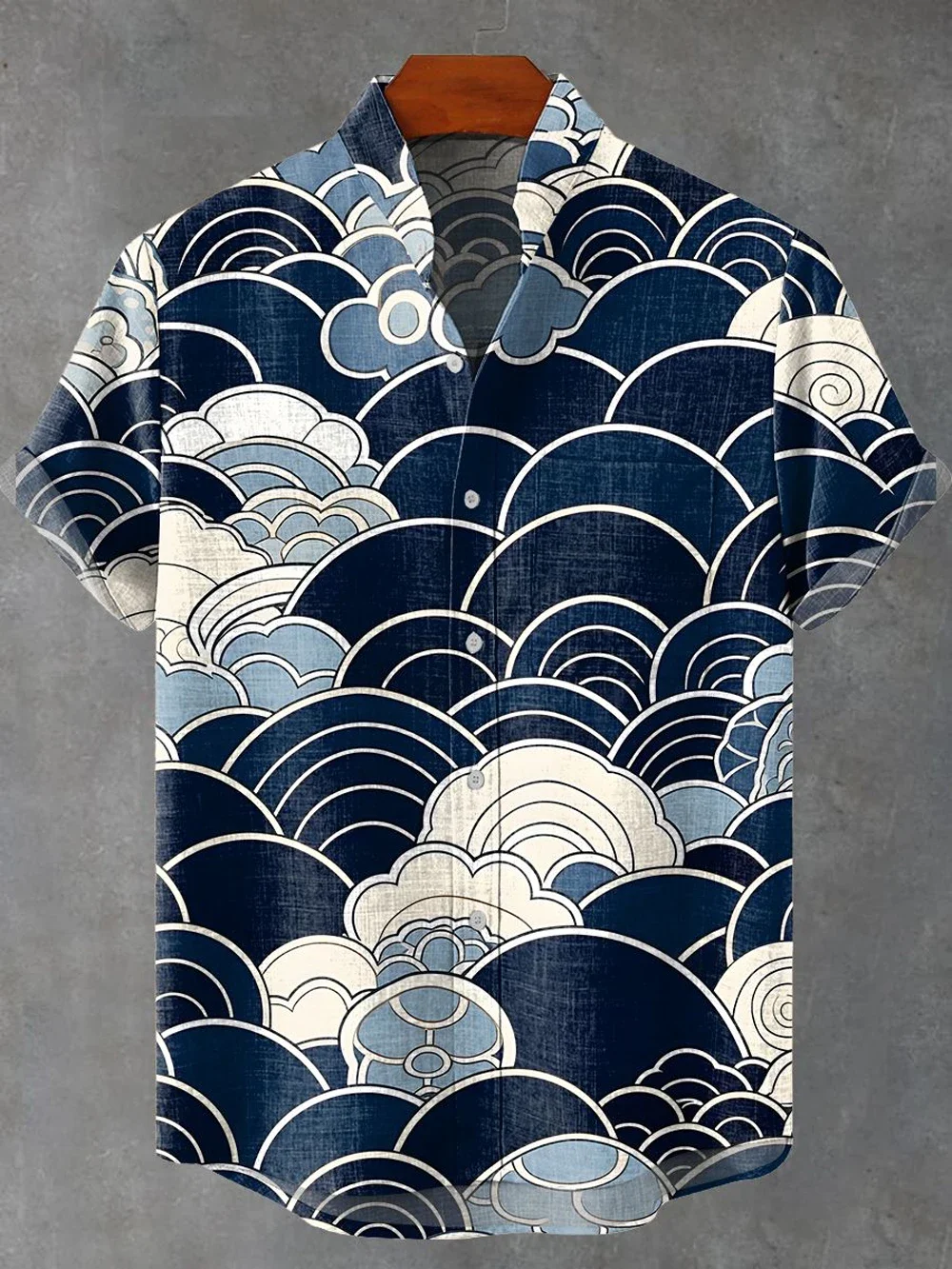 Men Hawaiian Shirt, Oriental Cloud Wave Art Print Short Sleeve Lapel Button Down Casual Beach Aloha Shirt