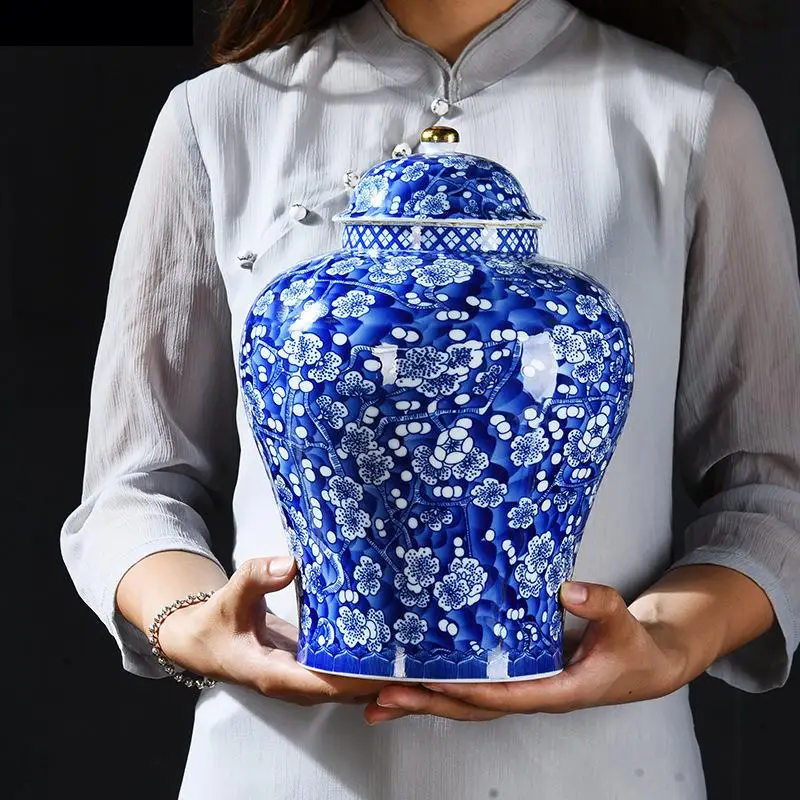 

Blue and White Porcelain Tea Caddy Large Candy Dried Fruit Sealed Storage Jar Plum Blossom General Home Decoration