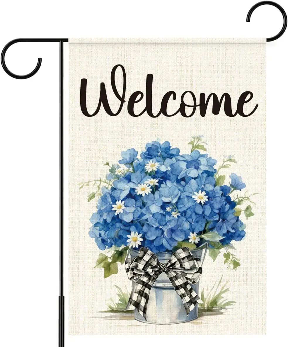 Welcome Spring Garden Flag 12x18 Inch Double Sided, Blue Hydrangea Yard Outdoor Flag, Buffalo Plaid Bowknot Spring Flowers F EEZ