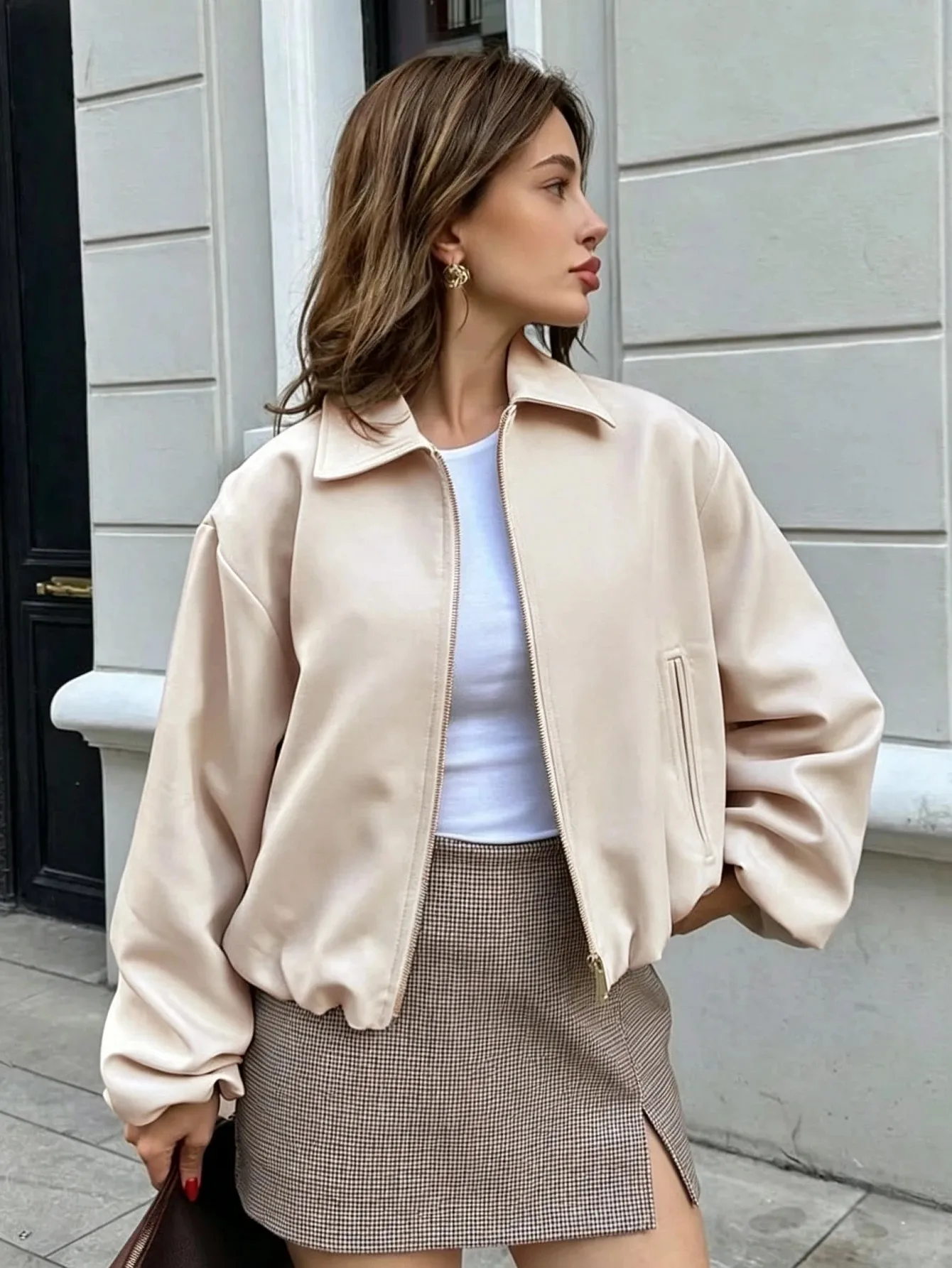 Lapel Zip Up Cropped Jacket For Women Loose Drop Shoulder Elastic Hem Casual Daily Outerwear