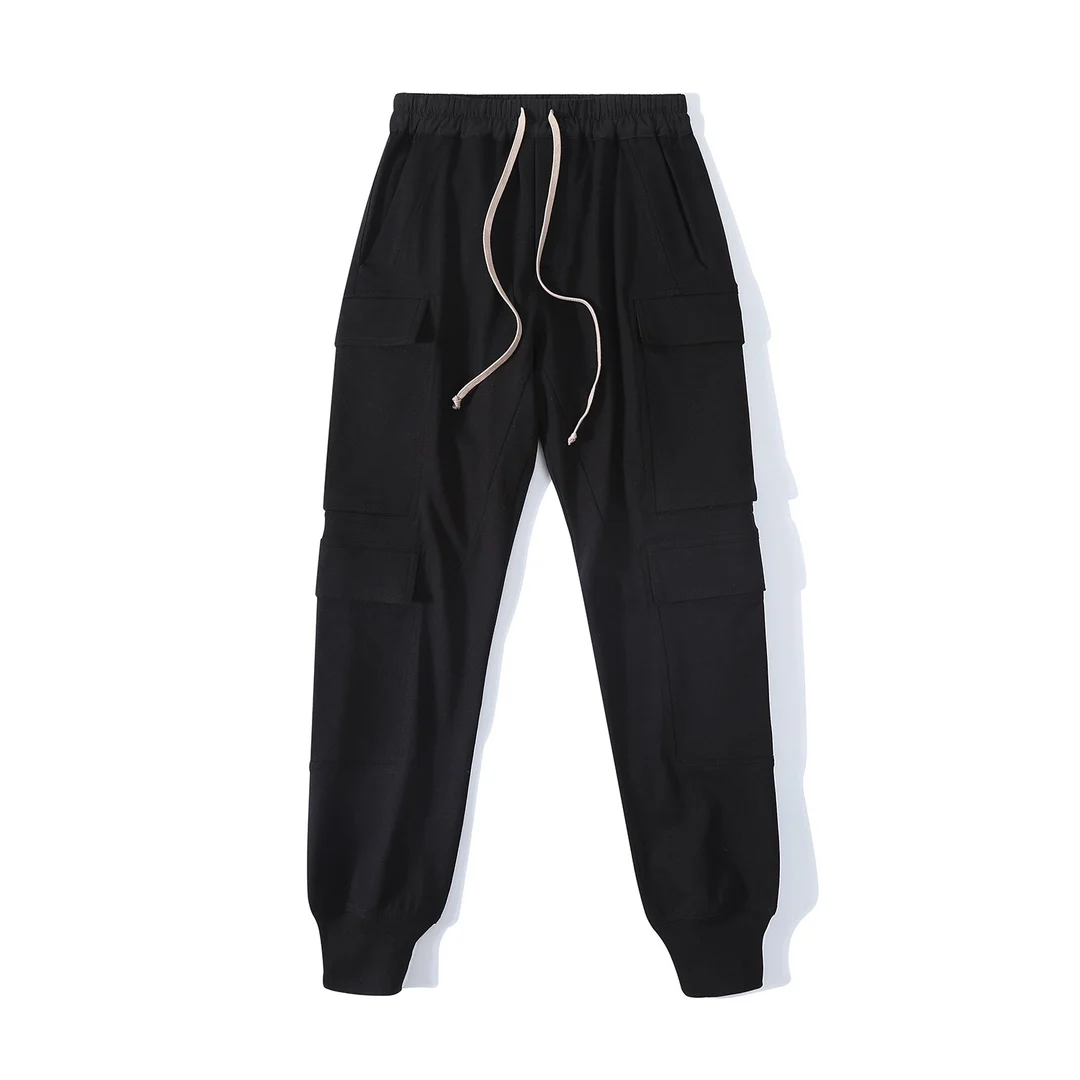 American Retro Multi Pocket Cargo Joggers Unisex Men Women Black Drawstring Elastic Cuff Streetwear Daily Casual Pants