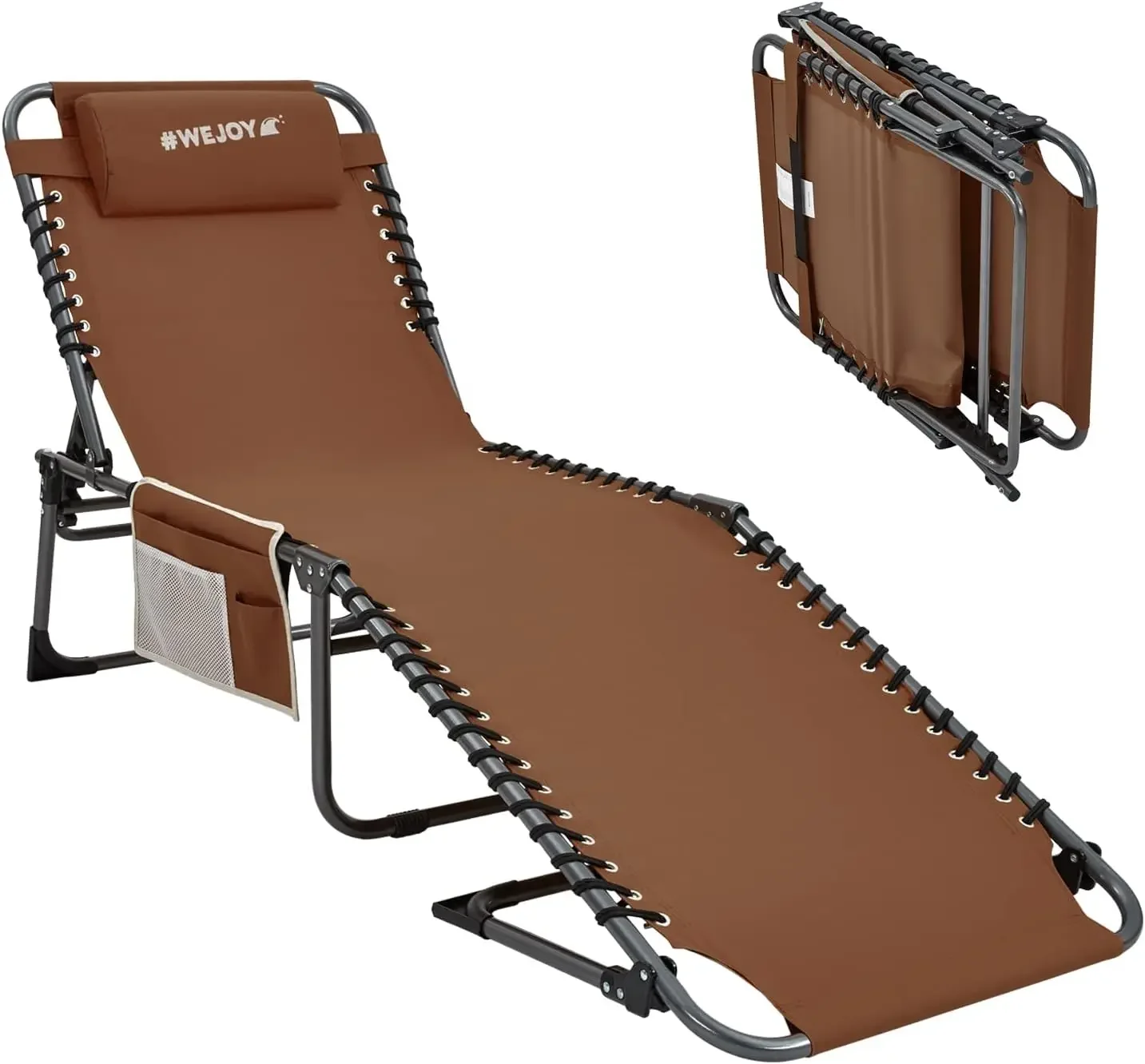 Chaise longue pliante réglable avec oreiller et poche, chaise inclinable, adaptée pour l'extérieur, la plage, la piscine, le soleil, le bronzage