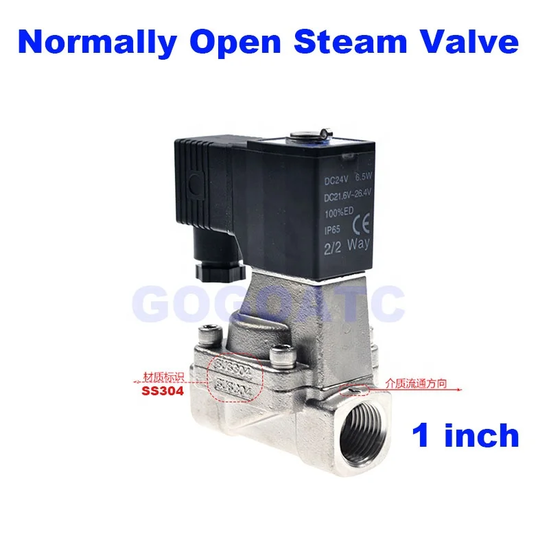 Normally open high temperature steam valve 7bar 2 way solenoid stainless steel SUS304 water valve 1 inch AC220V PTFE