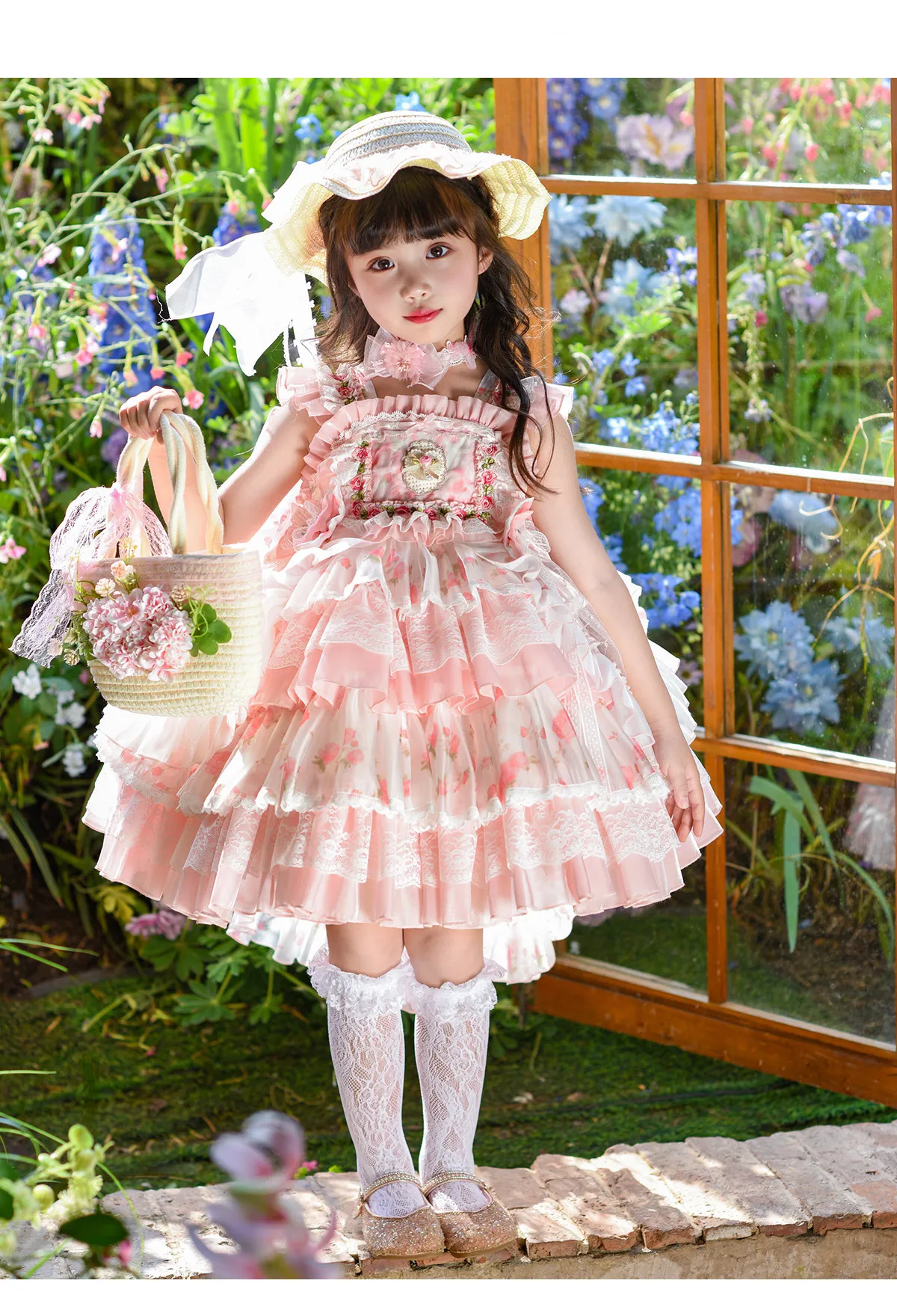 Mädchen Lolita Prinzessinnenkleid Sommer Neues Blumenmädchen Feenkleid mit Trägern Süßes Niedliches Geburtstags- und Hochzeitskleid für Kinder – Detail 9