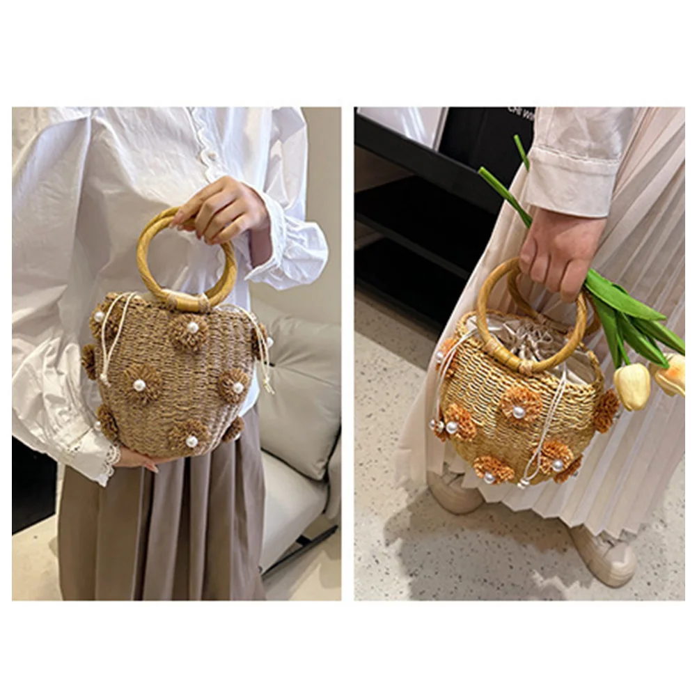 Women Straw Tote Handbag with Pearls Bohemia Bucket Handbag Hand-Woven Straw Bag Summer Holiday Beach Bag