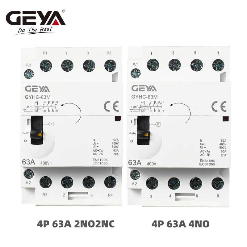 GEYA التحكم اليدوي قواطع التيار المتردد 2P 4P 25A 63A 220 فولت/230 فولت 50/60 هرتز Din السكك الحديدية المنزلية التيار المتناوب وحدات المقاولين 2NO 2NC 4NO