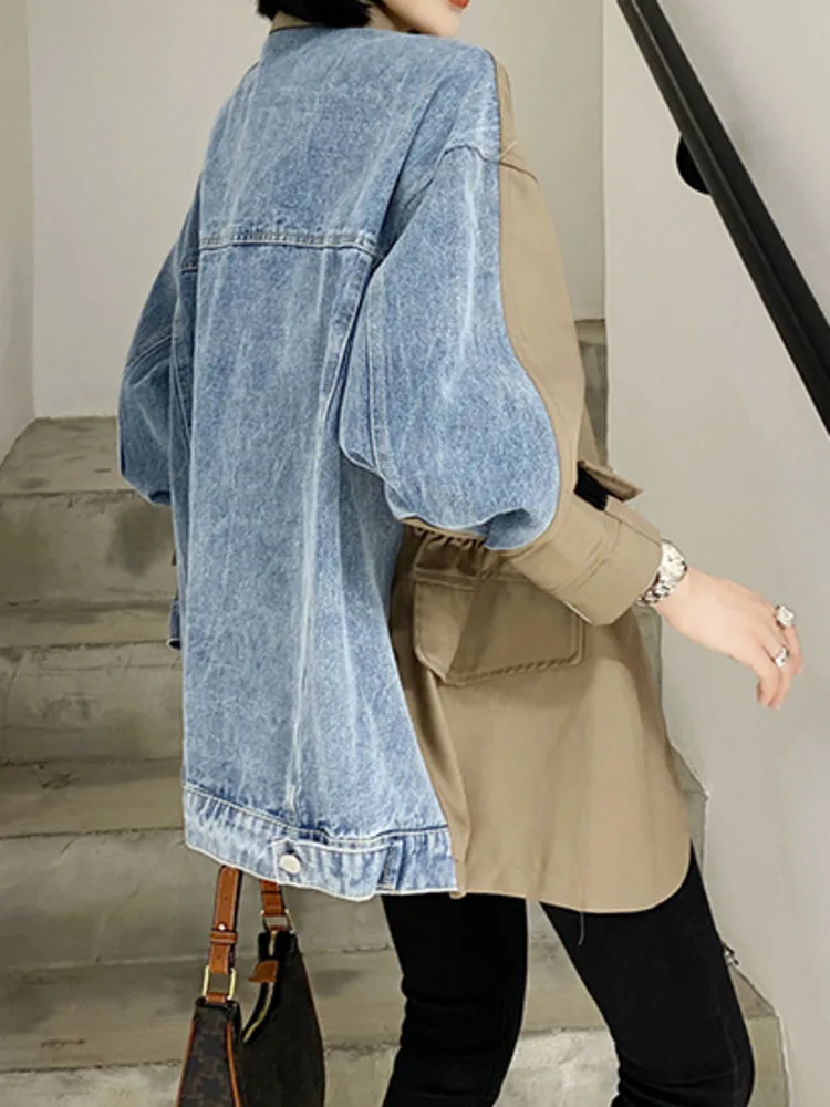 DEAT Women Denim Blazer notched collar Patchwork Denim Drawstring Waist Long Sleeve Suit Jackets 2024 Autumn New Fashion 29L3808