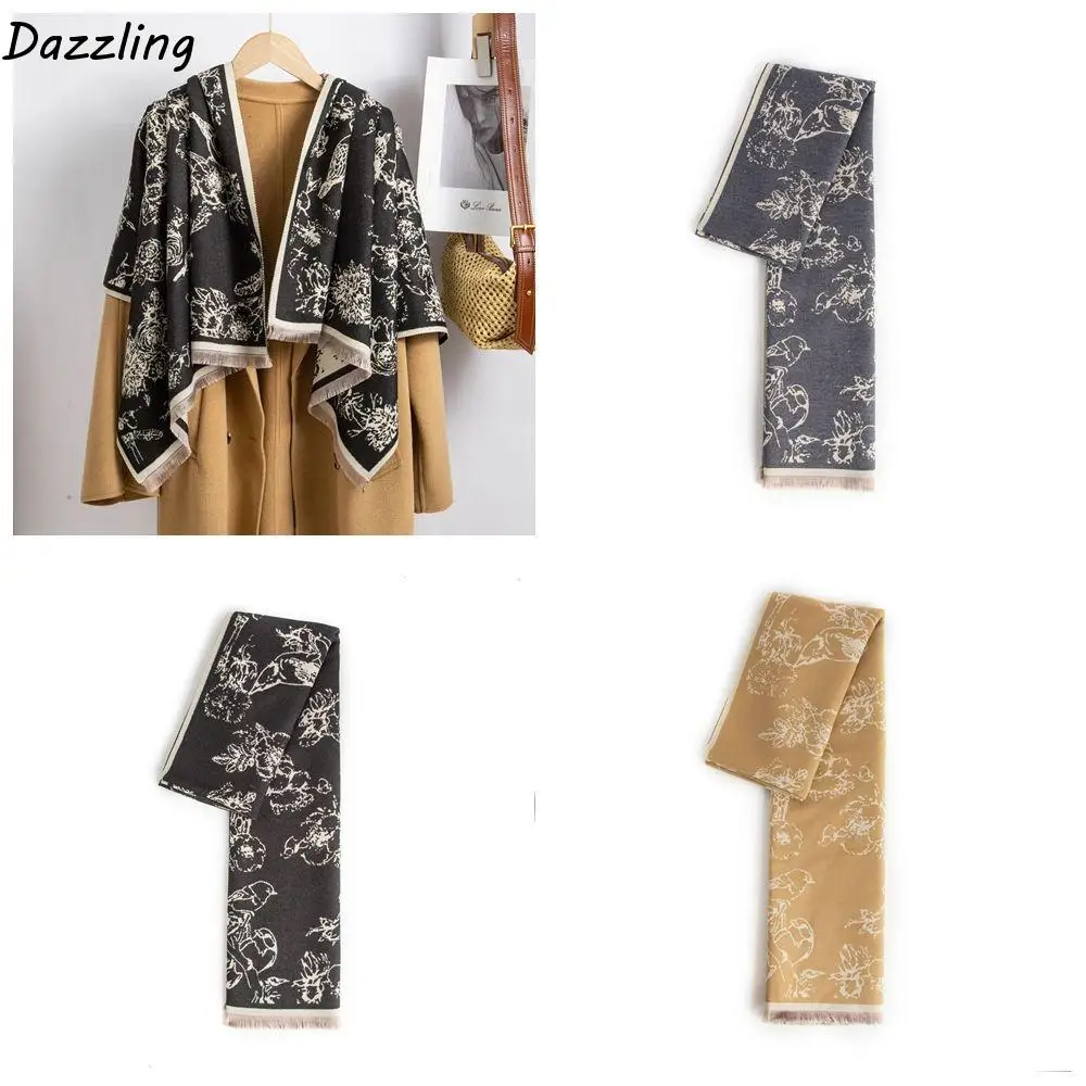

Flower Printed Scarf Imitation Cashmere Warm Cashmere Tassel Scarves Thick Blanket Korean Style Scarves Large Shawl Spring