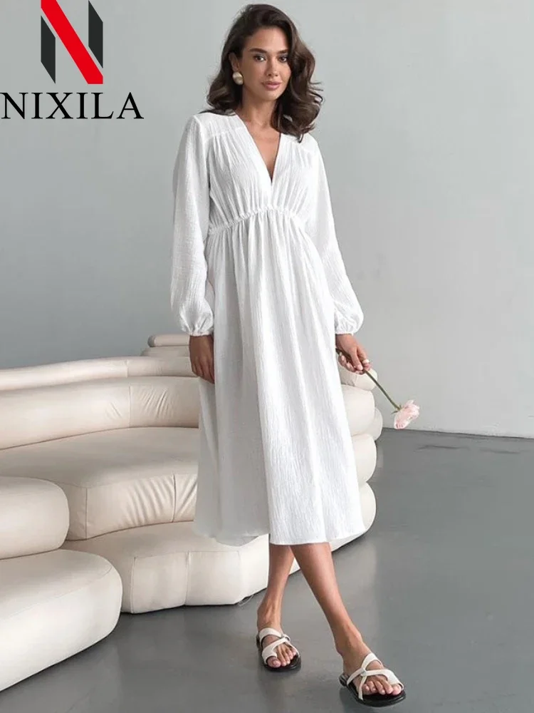 Summer Casual Women Maxi Dress Cotton V-neck A-line Oversize Short Sleeve Midi Dress Puff Sleeve Loose Elegant Long Dress 2024