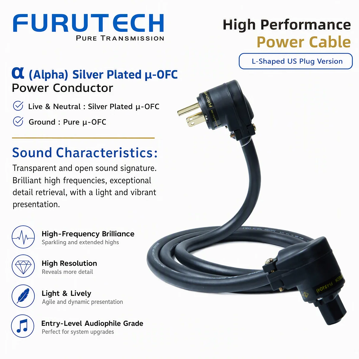 FURUTECH FP-314Ag Right Angle HiFi Power Cable, EU Schuko / US AC Plug, Alpha Silver Plated OFC Cord for CD Player Amplifier DAC