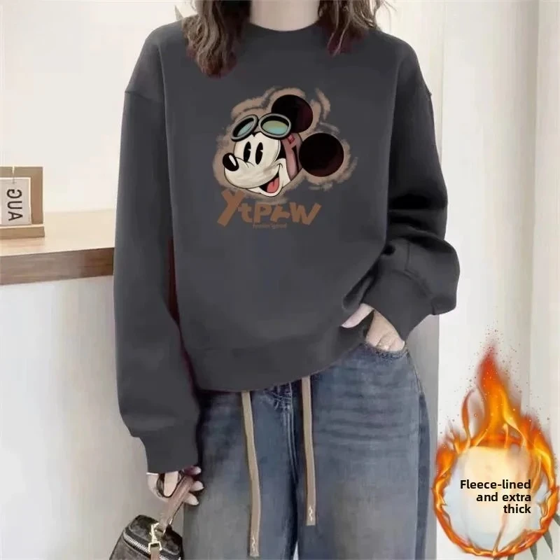 Mickey Mouse grijs sweatshirt - met fleece gevoerde, verdikte oversized grafische tekst, trendy casual herfst-wintertop