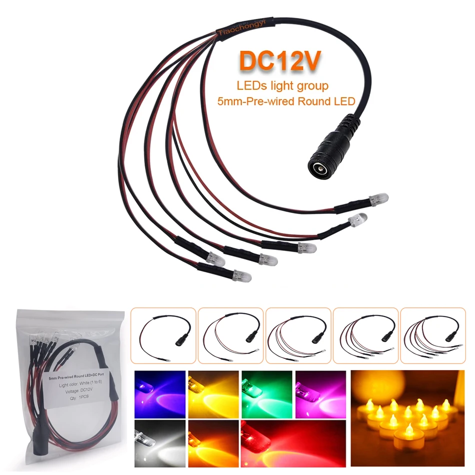 DC12V 5mm Candle Flickering Pre-wired Round LED light lamp light-emitting diode Orange Yellow Red DIY Night Light Manual Light