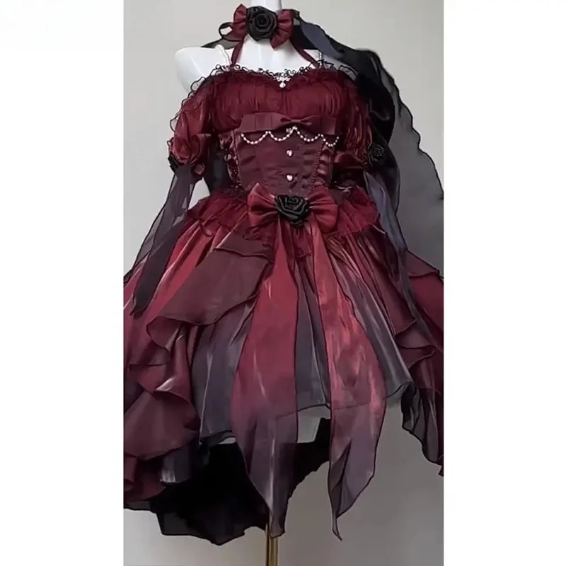 Lolita One-word Collar Neck Bow Fluffy Princess Party Dresses Black and Red Gradual Change Sweet High Waist Wedding Dress