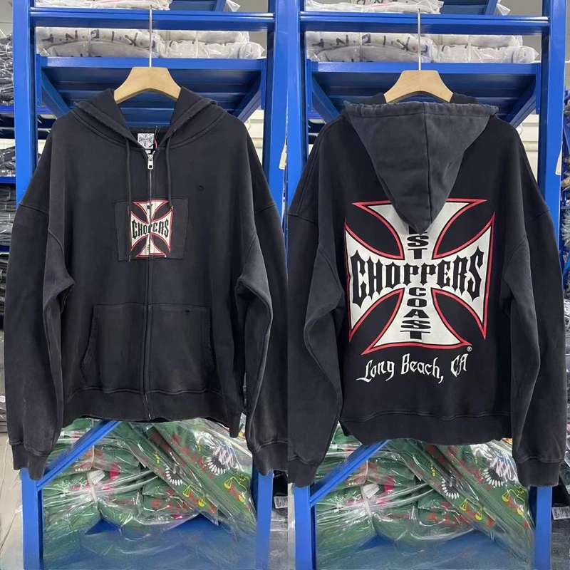 

American Trend Casual West Coast Hoodie High Quality Zipper Retro Washed Hole Patchwork West Coast Choppers Sweatshirt Hoodie