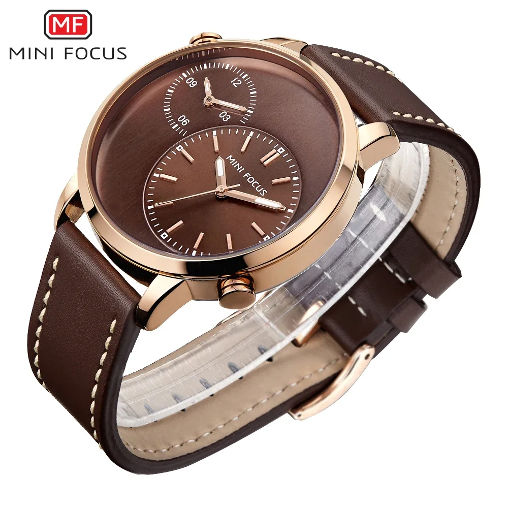 MINI FOCUS 0035G Luxury Genuine Leather Busines 2 Time Zone Quartz-Watch Men Wristwatch Men Watches Fashion Casual Man Watch