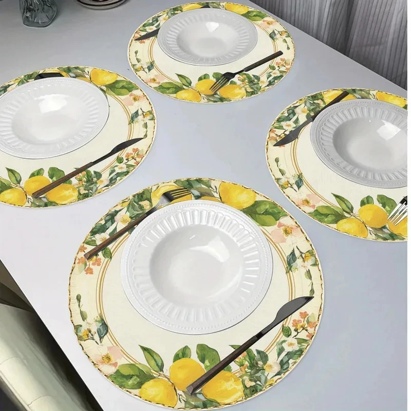 VIKAMA Lemon Floral Border Round Placemat, 1 Design, Table Mat for Kitchen Dining Party