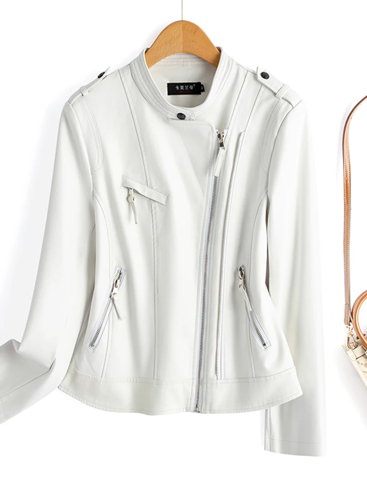   Jaqueta Feminina de Couro Genuíno Ning, Modelo Slim de Pele de Carneiro, Nova Coleção Primavera Outono, Tamanho Pequeno, Estilo Motociclista
