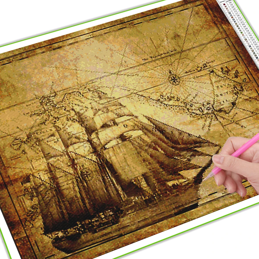 Diy Mosaic Painting Vintage European Sailboat Sailing Chart Diamond Embroidery Map Fantasy Ship Full Rhinestone Picture AA3692