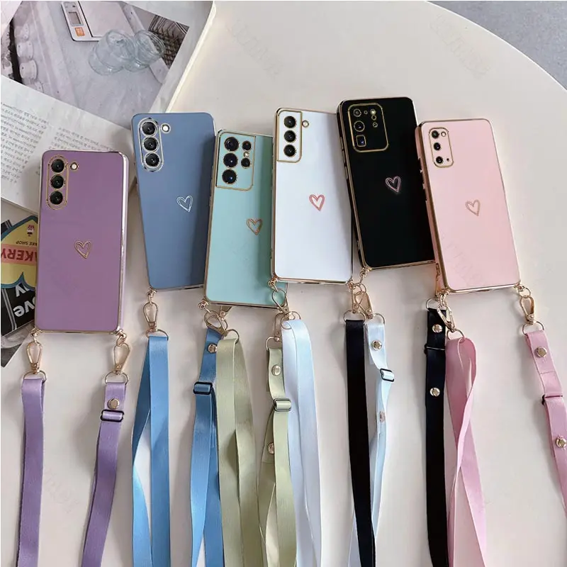 

Love Heart Crossbody Lanyard Strap Plating Phone Case On For Samsung Galaxy A13 A14 A15 A23 A24 A25 A34 A35 A54 A55 4G 5G Cover