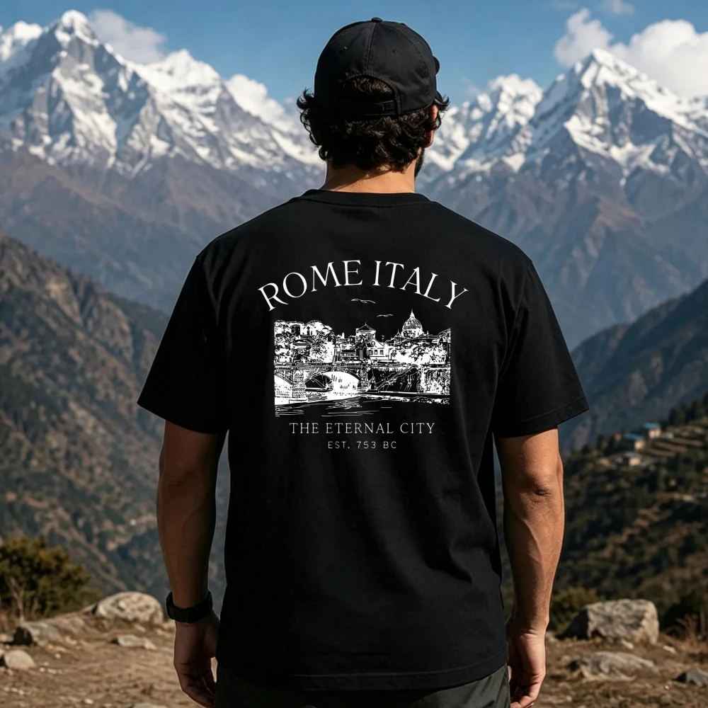 Pure Men's Round Neck Short-Sleeved T-Shirt Italian Rome Eternal City Print Design Daily Casual Fashion Summer Short Sleeves Tee