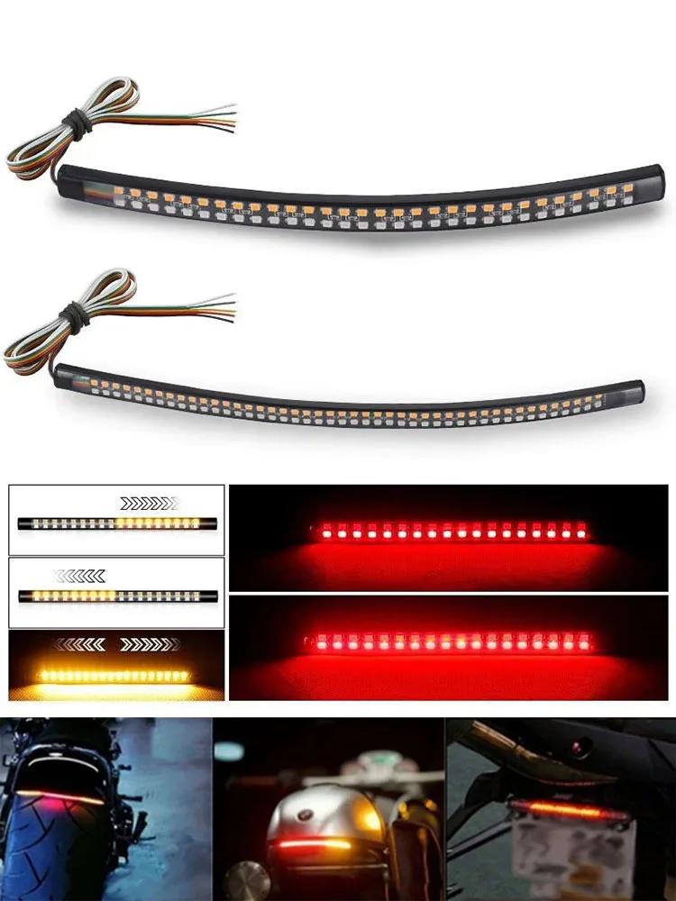 Bande de feu arrière LED pour motos, 12V, jaune, clignotant coulant, indicateur unique, lampe stroboscopique rouge, feux de freinage, bande lumineuse décorative