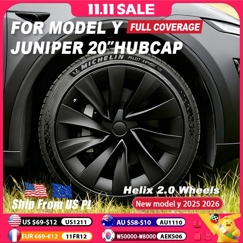 4PCS Wheel Cover 20 Inch for Tesla Model Y Juniper 2025 2026 Performance Replacement Hubcaps MY Helix 2.0 Full Rim Matte black