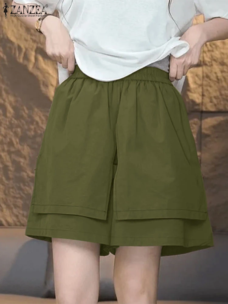 

ZANZEA 2021, модные женские шорты, летние повседневные брюки с эластичной резинкой на талии, однотонные свободные брюки, винтажные праздничные пляжные брюки большого размера