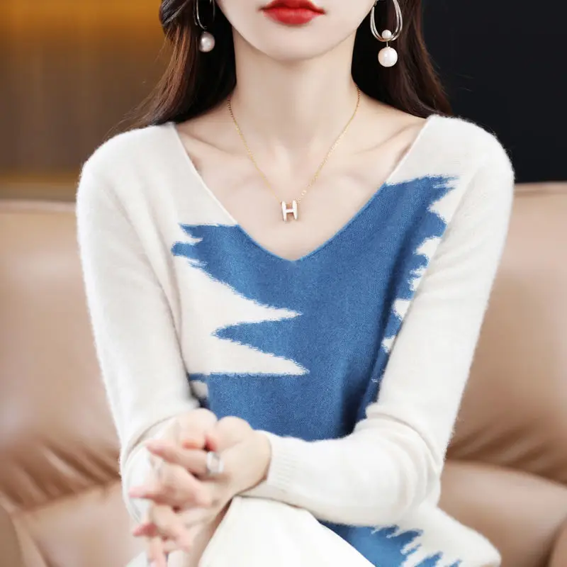 Fashion V-Neck Spliced Loose Knitted Sweaters Women's Clothing 2022 Autumn New Loose Casual Pullover Tops Office Lady Sweater image 5