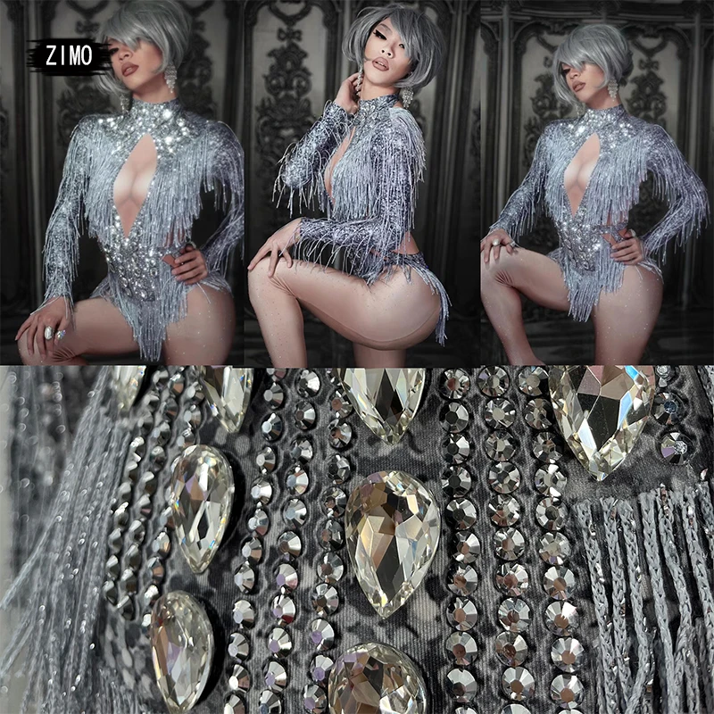 Sparkly Rhinestone silver Fringes Bodysuit Dance drag queen Costume Big Crystals Bodysuit Tassel DJ DS club birthday Party Stage