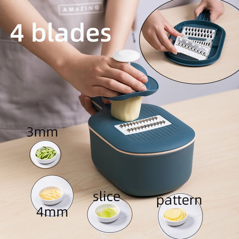 

Multi-function Cutter Slicer 4 Blades Manual Potatoes Vegetables Shredder with Basket Hand Protector Kitchen Accessories Home