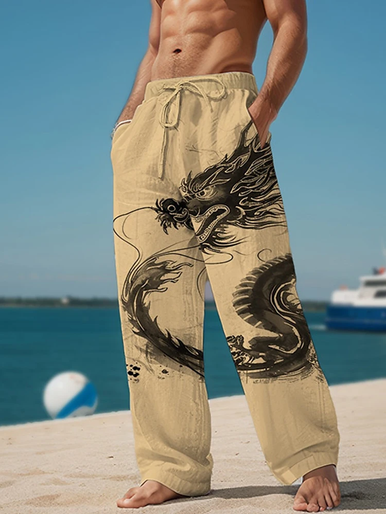 กางเกงลำลองลายมังกรพิมพ์ลาย 3 มิติ สไตล์อินค์วอช สำหรับผู้ชาย แฟชั่นฤดูใบไม้ร่วงปี 2025 สไตล์ฮาราจูกุ แฟชั่นสตรีทเทรนดี้ กางเกงขายาวผู้ชาย