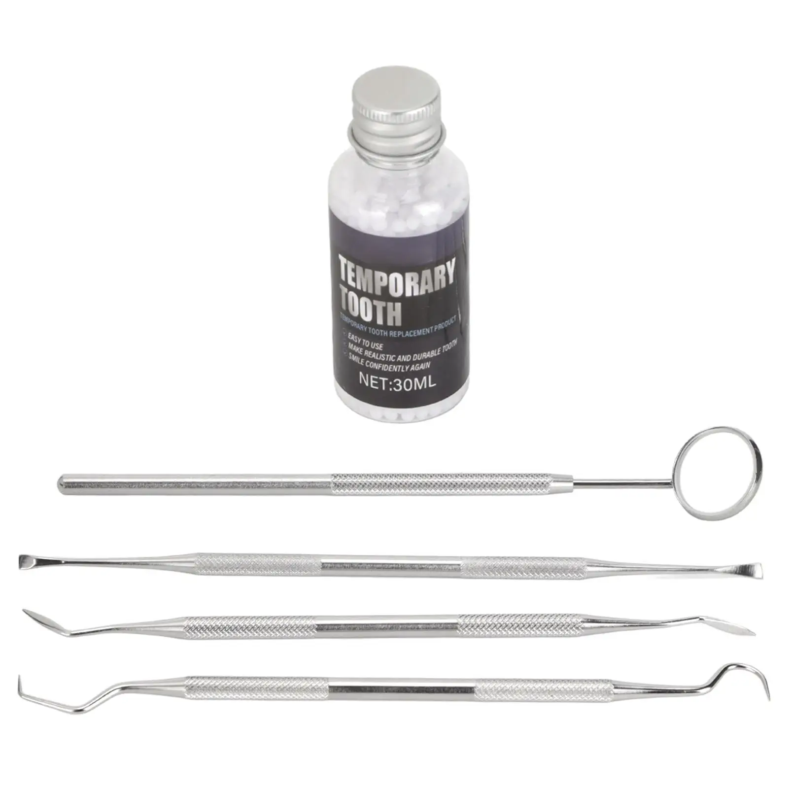 

5pcs False Teeth Filling Kit: Moldable Stainless Steel Dental Hygiene Cleaning Tool for Halloween Party