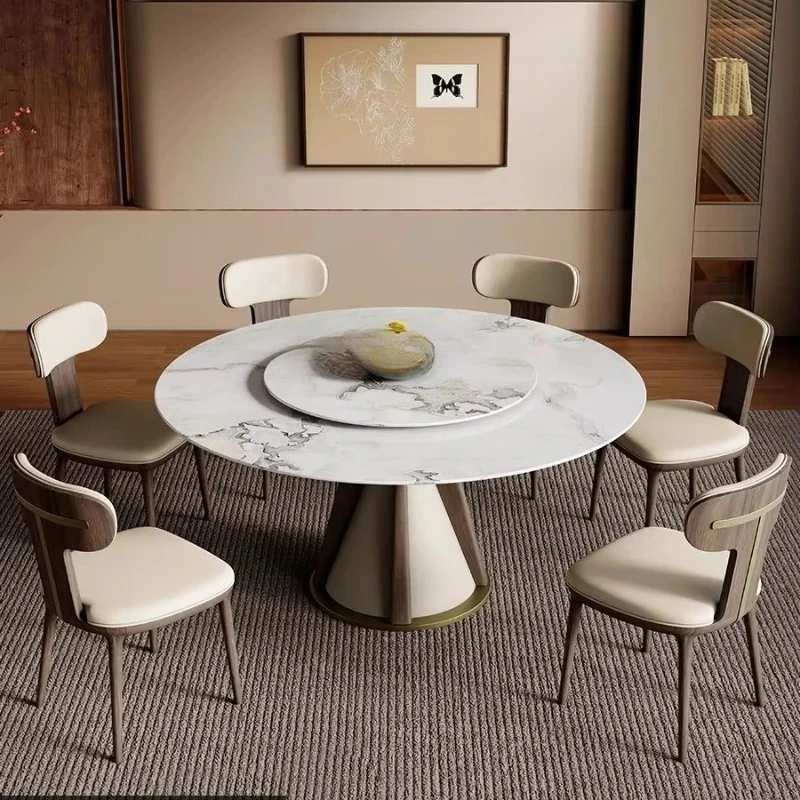 

Natural marble dining table high-end Italian light luxury medium and ancient style household with turntable
