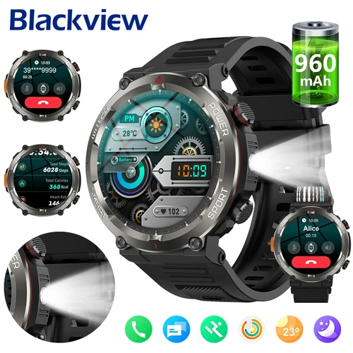 Imagen 1 del producto Reloj inteligente Blackview W50 Pro con llamada Bluetooth y linterna LED, batería de 960mAh de duración, relojes impermeables para exteriores para hombres y mujeres