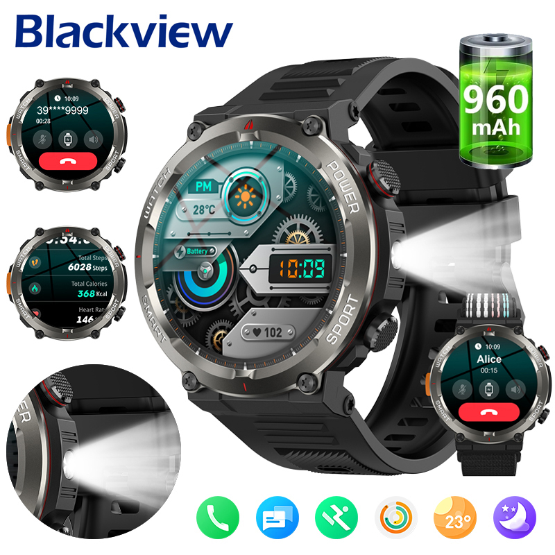 Blackview W50 Pro Bluetooth Call Smart Watch with LED Flashlight 960mAh Battery Life Waterproof Outdoor Watches for Men Women 