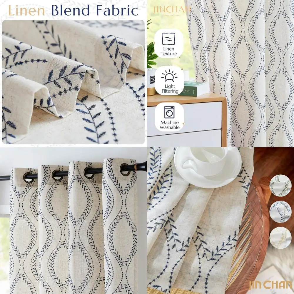 

Boho Linen Blend Curtains Beige Farmhouse Curtains 96 Inches Long Blue Embroidered Leaf Living Room Ogee Geometry Drapes Light F