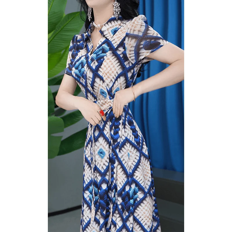 Middle Aged And Elderly Women's Summer Dress With Printed Thin Fabric Middle-aged Mother's Summer Waist Cinched Mid Length Skirt