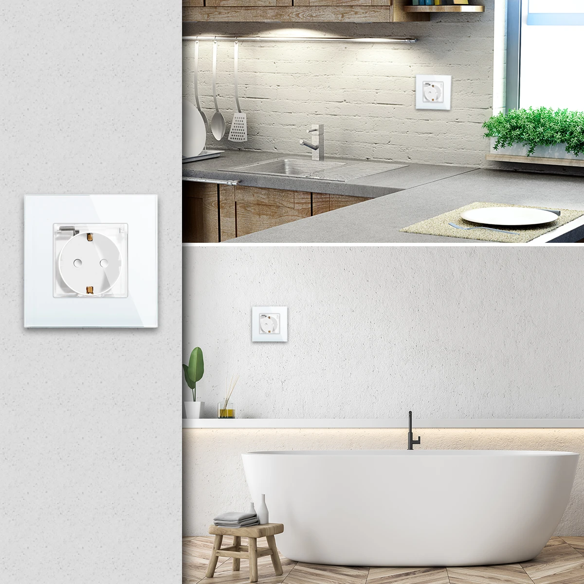 Bingoelec interruttore tattile impermeabile con presa Standard ue 16A prese interruttori luce pannello in vetro con coperchio per bagno