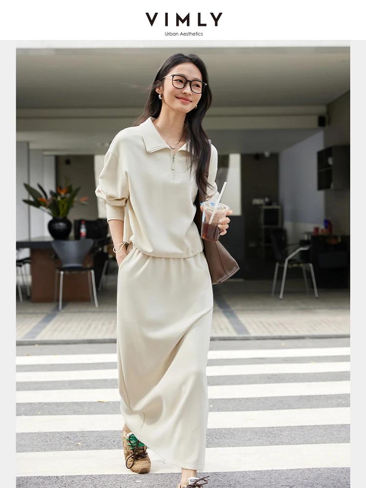 

VIMLY Cream Apricot Casual Sweatshirt Skirt Set Women 2025 Spring Lapel Top Straight Skirt Two-piece Set Female Clothing A0133