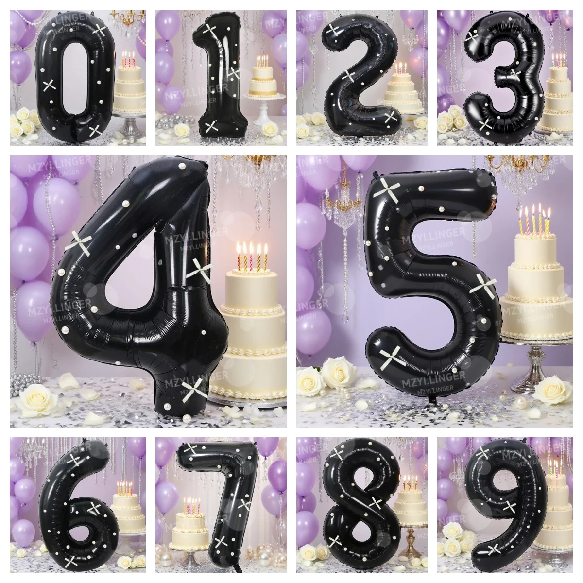 Schwarze digitale Ballons, kombiniert mit Schleifen und Perlen, zur Dekoration von Geburtstagsfeiern, Festlichkeiten und Jubiläen. – Detail 1