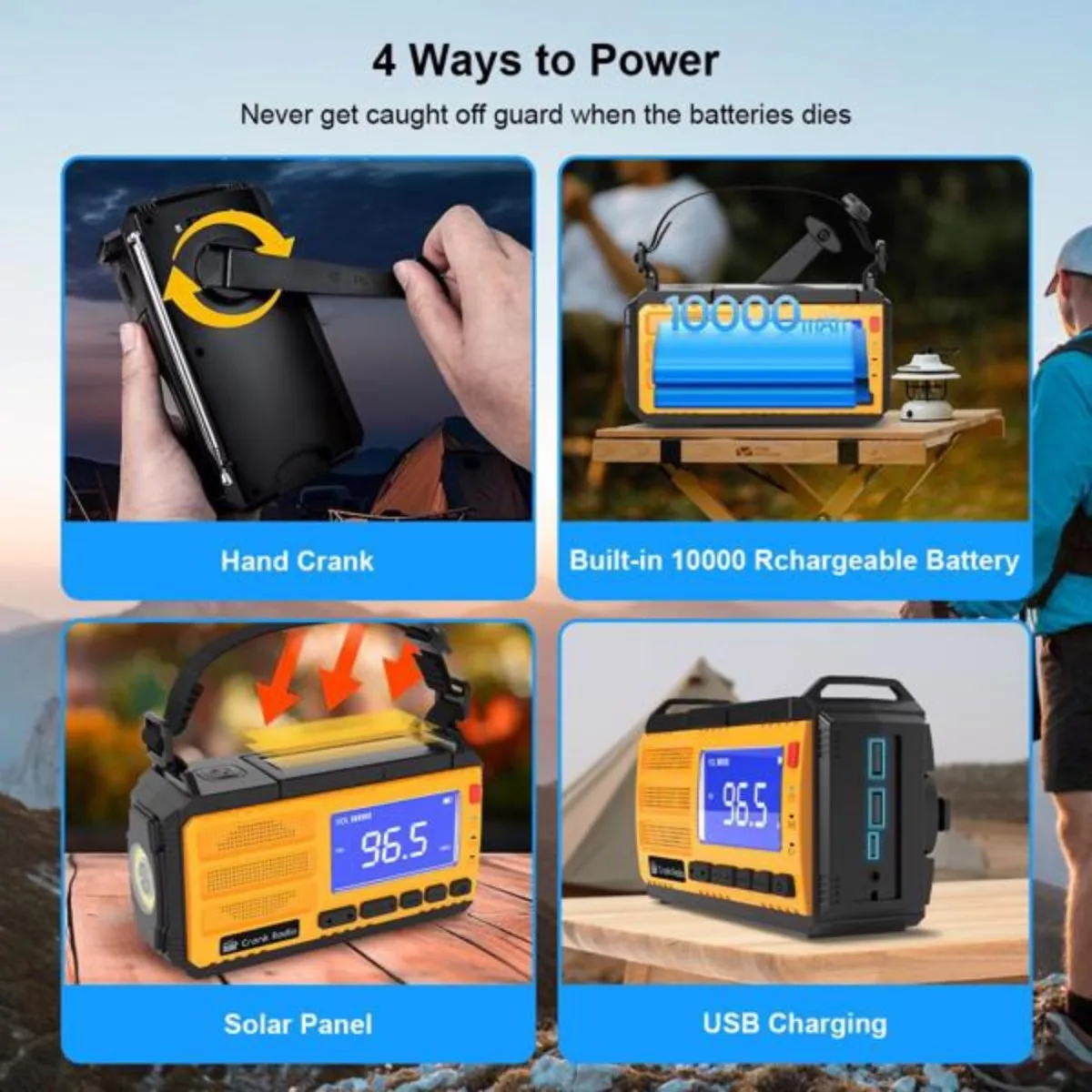 راديو الطقس في حالات الطوارئ NOAA/AM/FM مع بنك طاقة محمول 10,000 مللي أمبير/37000 ميجاوات في الساعة USB/الطاقة الشمسية/البطارية/كرنك اليد شحن إنذار SOS