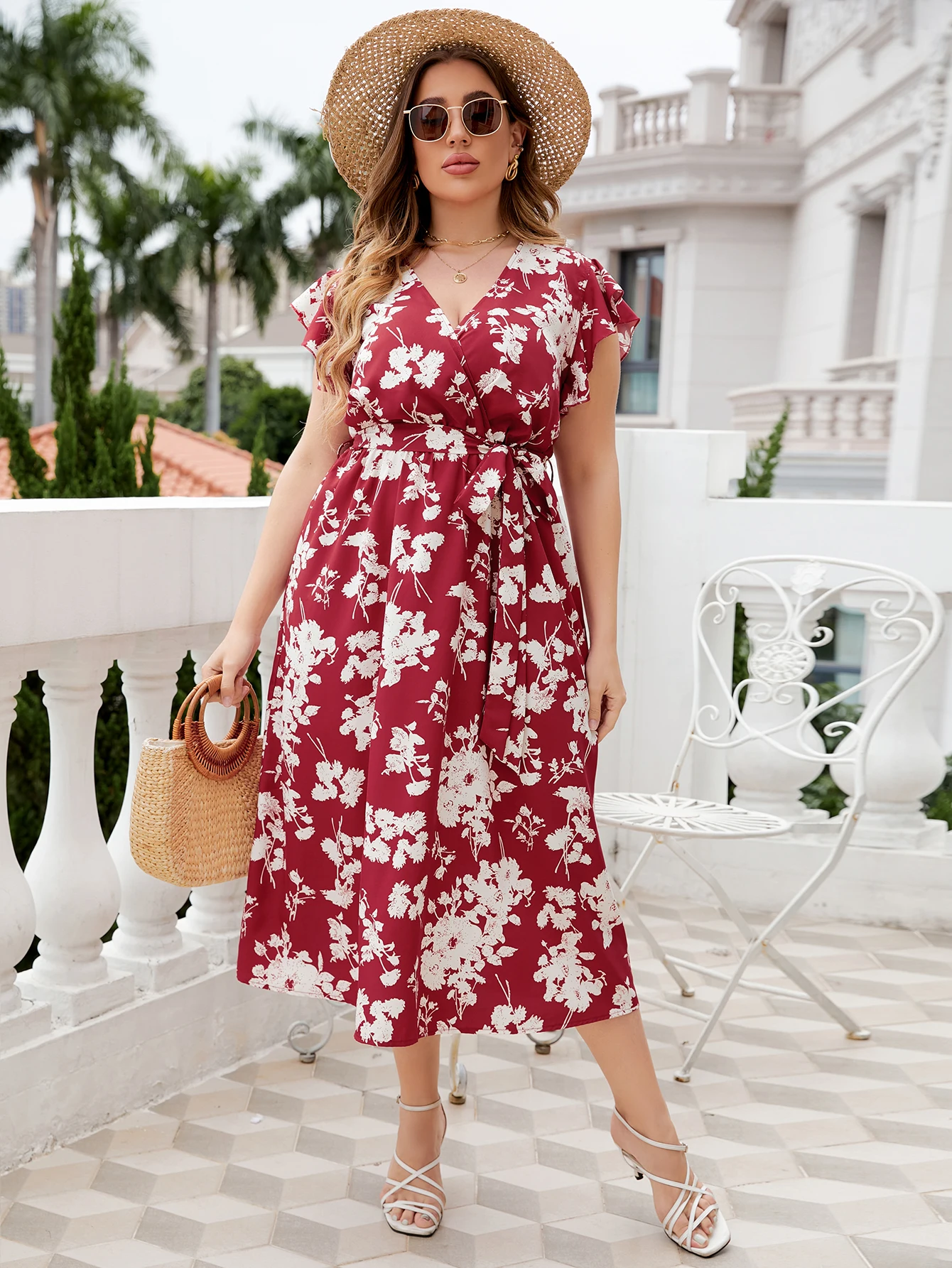 Women Spring Summer Short Sleeve High Waist Plus Size Dress Casual Fashion Floral Pleated A Line Large Size Long Dress