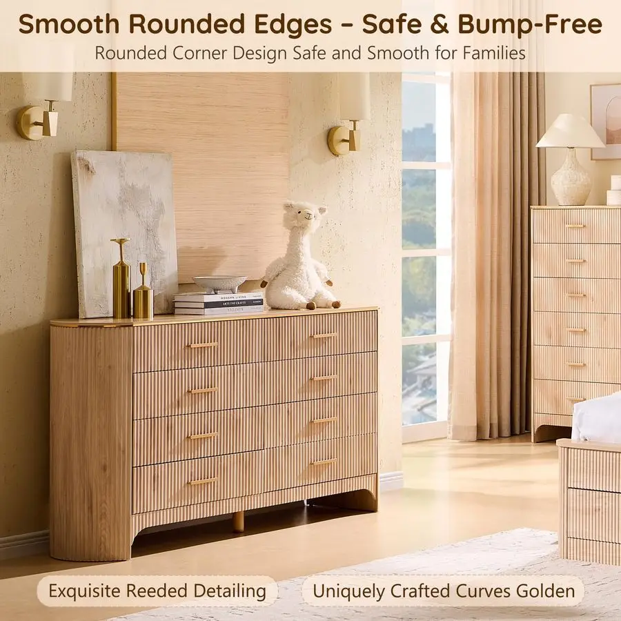 8-lade dressoir voor slaapkamer met gebogen profiel, rietvoorpanelen, 53,9 brede ladekast opbergkast met gladde gl