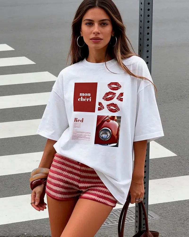 Women Mon Chéri Red Lips & Vintage Car Print T-Shirt French Slogan Graphic Crew Neck Short Sleeve Girls Casual Tees Streetwear
