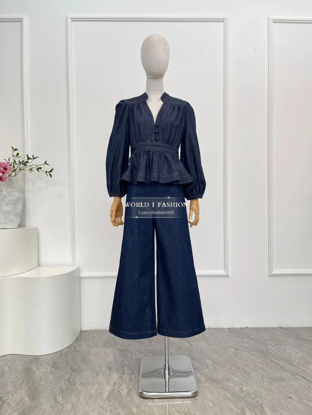 

Navy Long Sleeve Denim Deep V Neck Blouse Tops and Navy Blue Denim Pants Sets 2025 Cotton High Quality