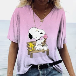 Summer Casual Loose Women's MINISO Snoopy Painting T Shirt Graphic Print V Neck Top Fashion 3d Print Plus Size Clothing ﻿