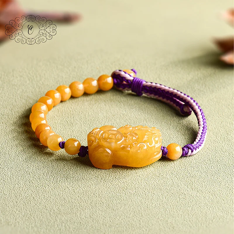 

Gold Silk Jade Pixiu Bracelet, Carved Pixiu Bead with Purple White Braided Rope, Elegant Lucky Amulet Jewelry