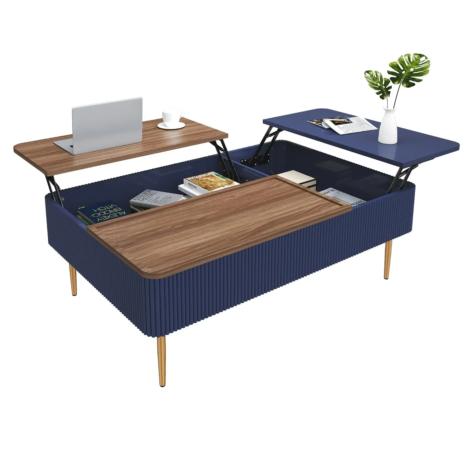 

47" Dual Lift Top Coffee Table With Storage, Modern Wood Fluted Coffee Table With Hidden Compartment,Lift Tabletop Dining Center